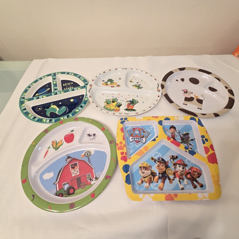 Lot Of 5 Kids Plates 3 Sections Melamine Used